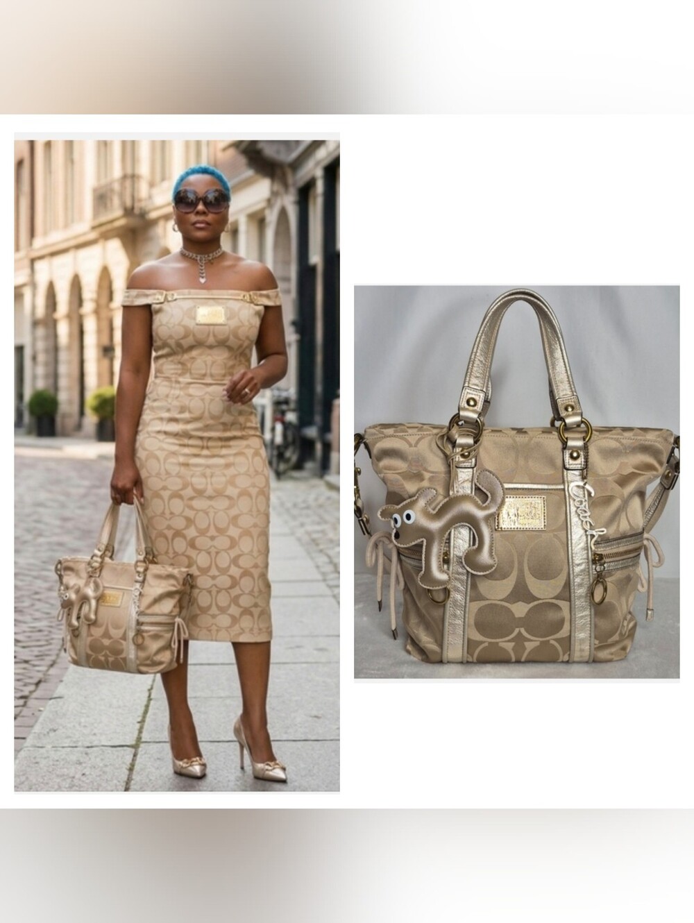 Coach Poppy Metallic Gold and Tan Tote Bag